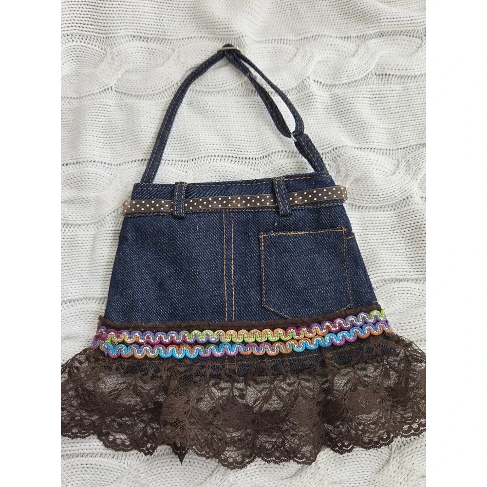 Denim Skirt Purse Child Size Adjustible Shoulder Strap Lace Bottom Zip Closure